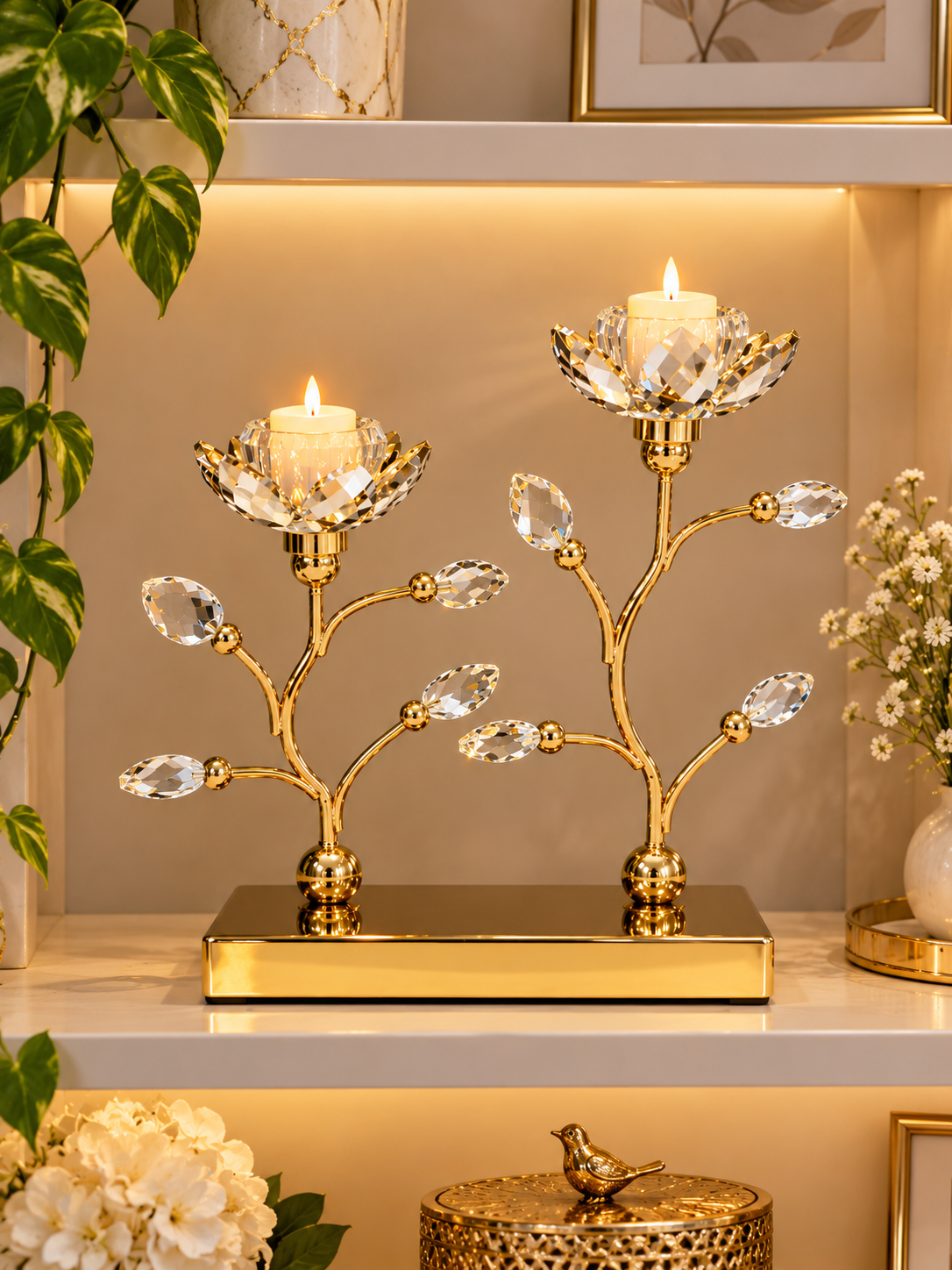 Luxury Crystal Lotus Flower Candle Holder Set – Gold Decorative Table Centerpiece