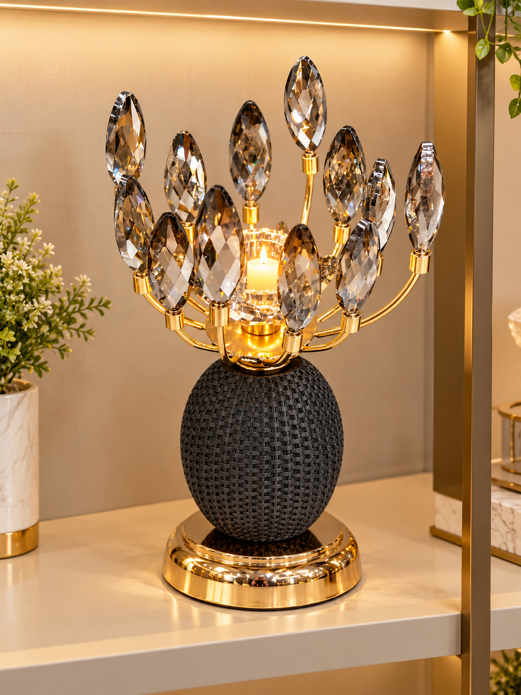 Luxury Gold Crystal Candle Holder with Black Textured Decorative Base