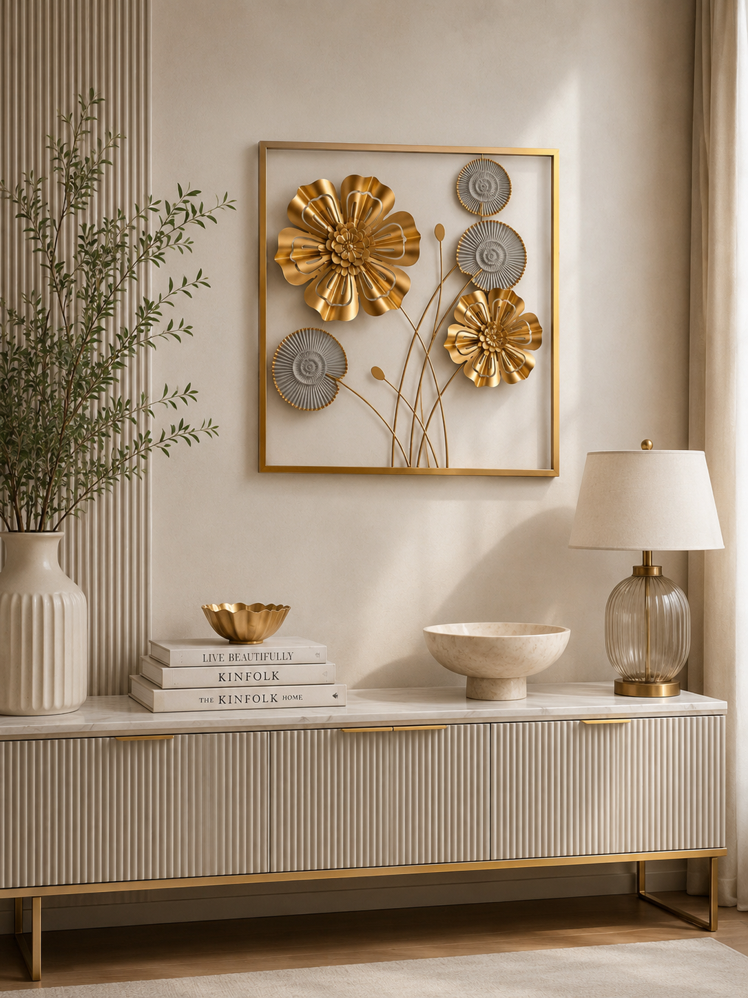 Luxury Gold & Silver Floral Metal Wall Art – Elegant Framed Decorative Wall Panel