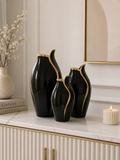 Luxury Black Ceramic Vase Set of 3 | Modern Decorative Flower Vases with Gold Accent | Home Décor