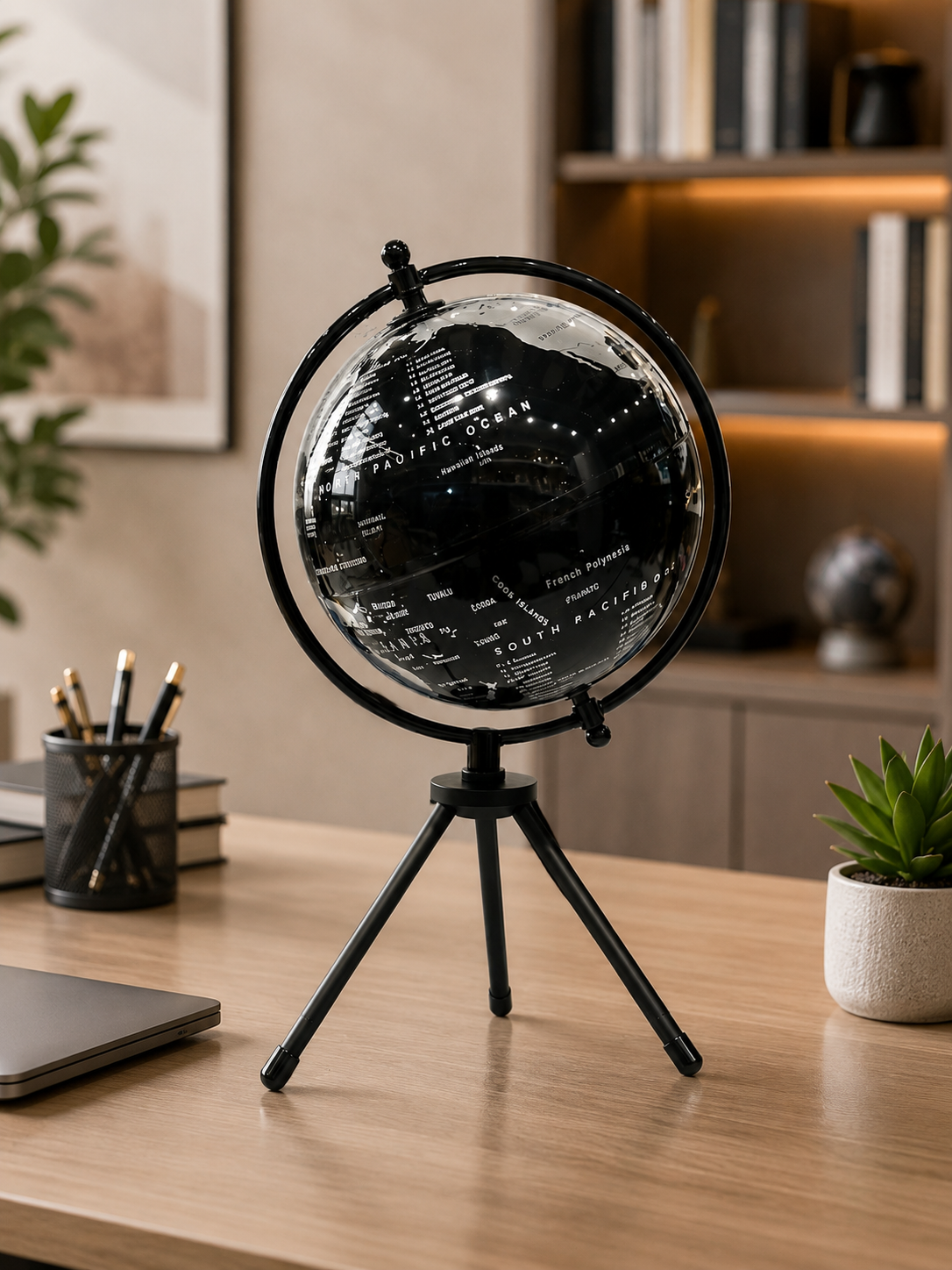 360° Rotating World Globe with Tripod Stand – Black & White Decorative Globe