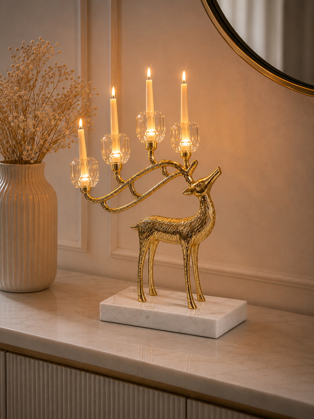 Luxury Golden Deer Crystal Candle Holder – 5-Light Decorative Candelabra Showpiece with Crystal Base