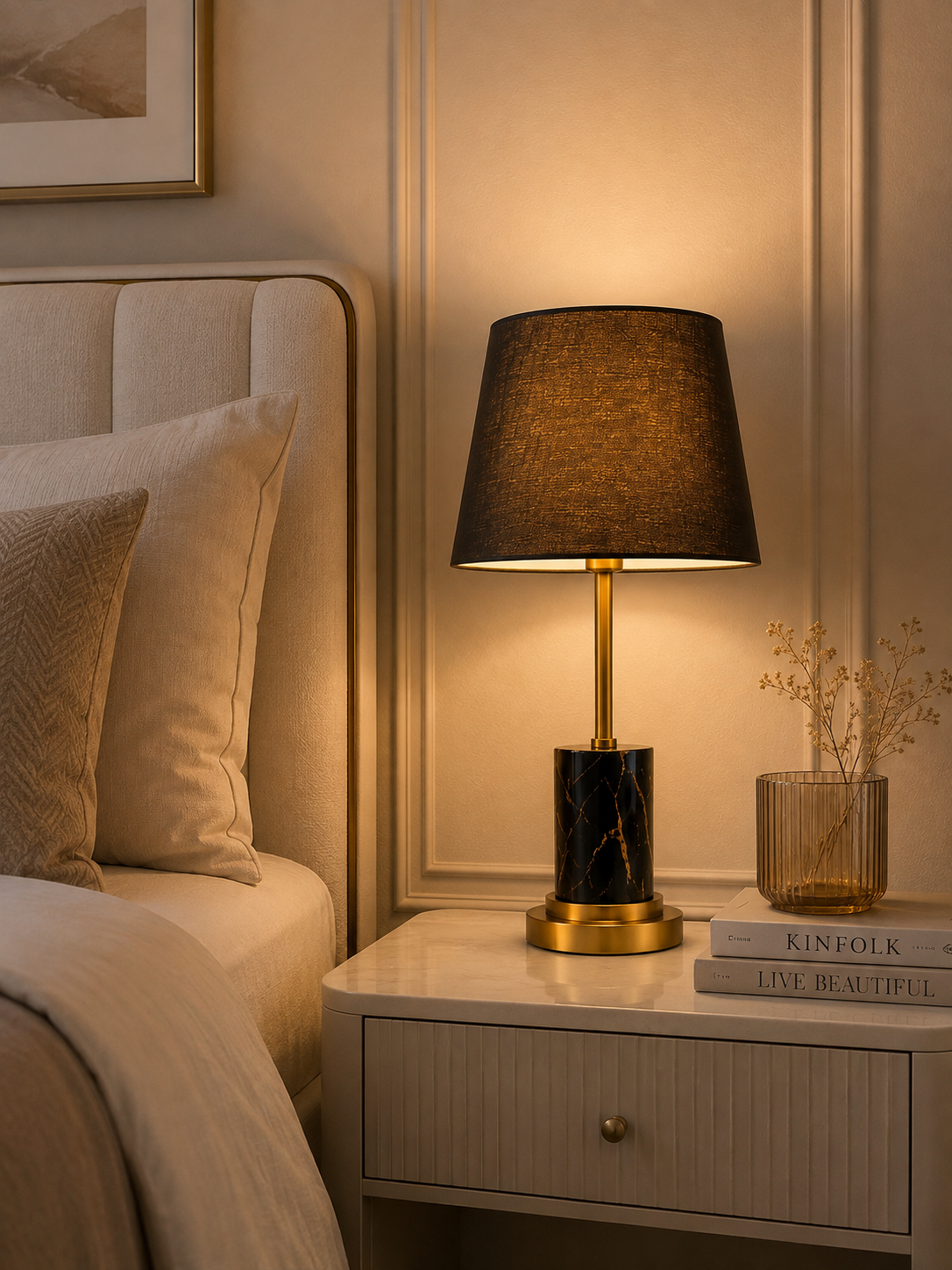 Modern Black Marble Table Lamp Pair with Fabric Shade | Luxury Bedside Lamps (Set of 2)