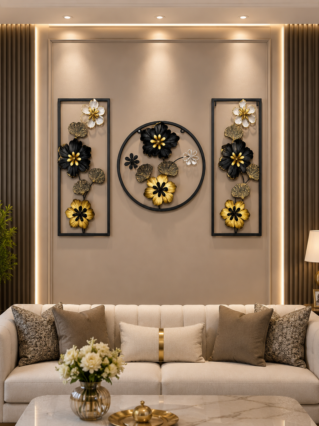 Luxury 3-Piece Black & Gold Metal Floral Wall Art Set | Modern Flower Wall Decor for Living Room, Bedroom & Hallway
