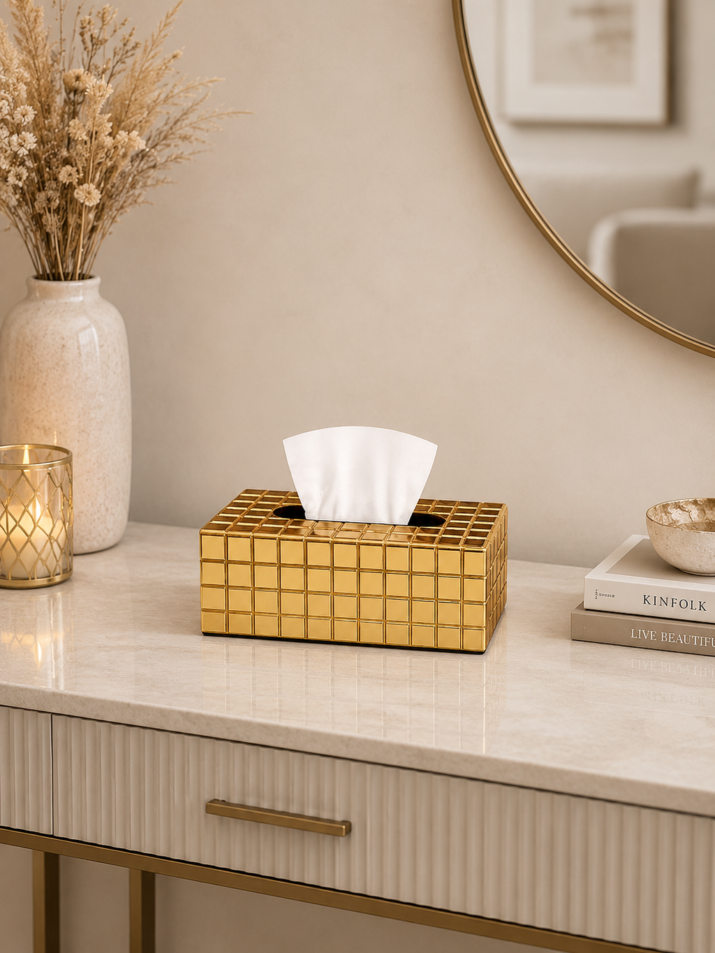 Modern Luxury Grid Design Tissue Box Holder | Decorative Metallic Tissue Case | Premium Tabletop Tissue Organizer