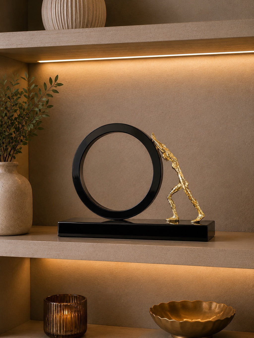 Modern Crystal Ring Sculpture with Metal Human Figure – Luxury Abstract Table Decor