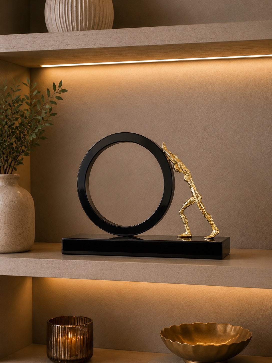 Modern Crystal Ring Sculpture with Metal Human Figure – Luxury Abstract Table Decor