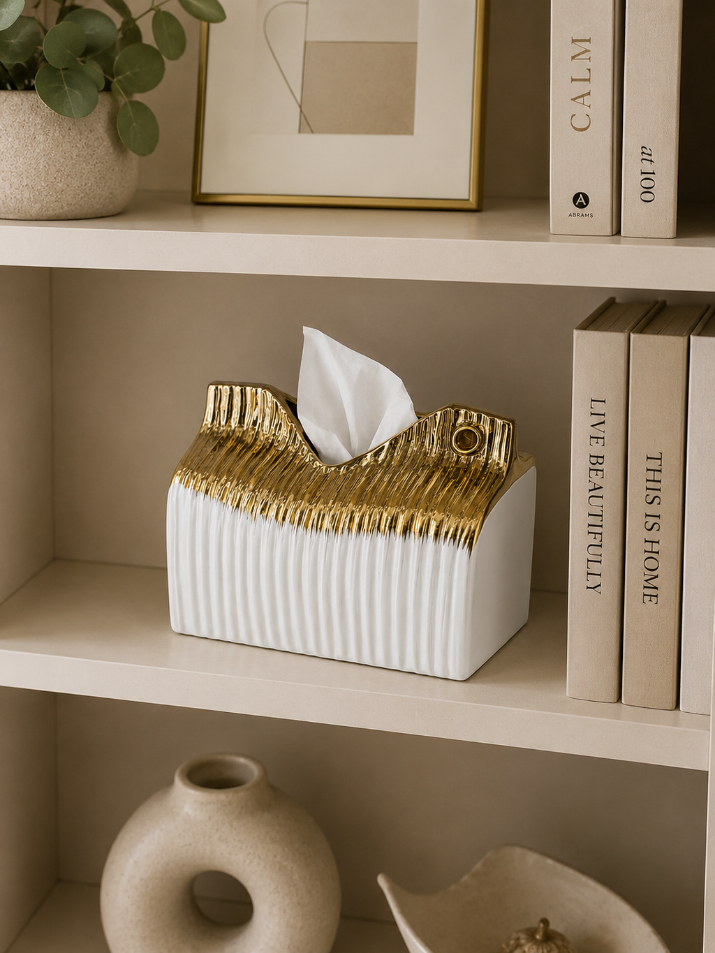 Luxury White & Gold Tissue Box Cover – Modern Ceramic Decorative Tissue Holder for Home & Office