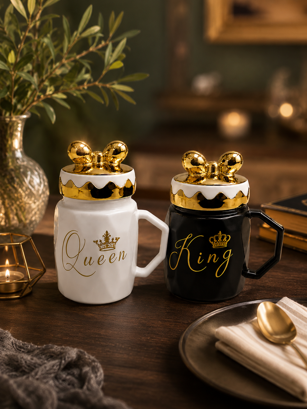 Royal Gold Crown Lid Ceramic Mug – Elegant Queen Coffee Cup with Handle
