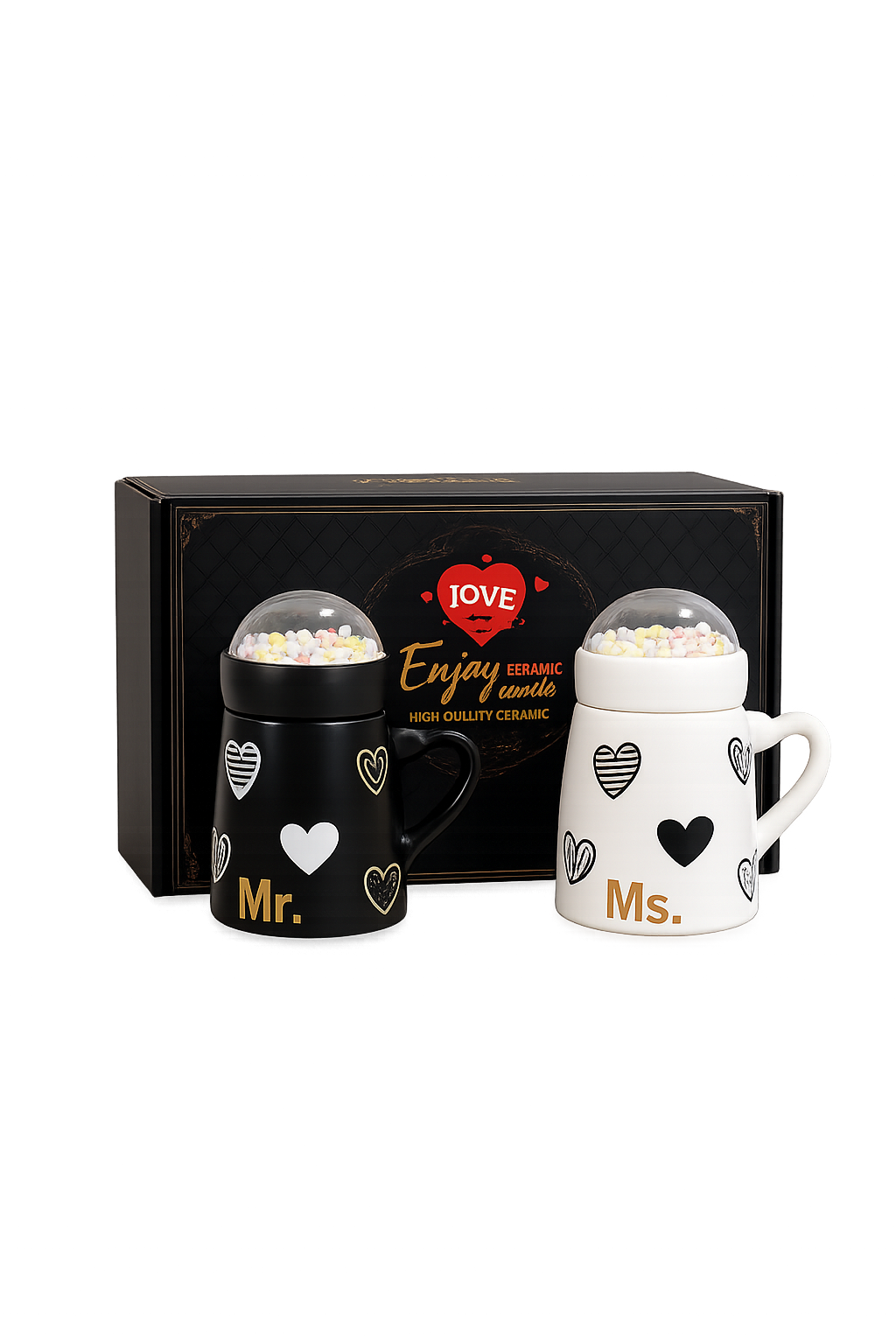 Premium Mr. & Ms. Ceramic Couple Mug Set – Elegant Heart Design Coffee Cups with Box