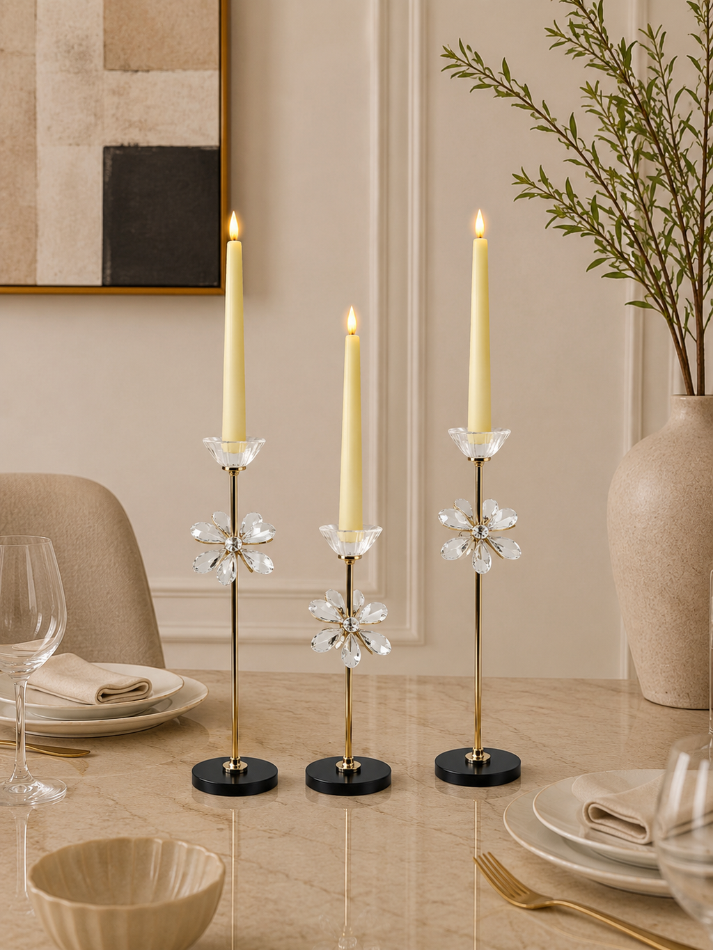 Luxury Crystal Flower Candle Holder Set (3 Pieces) | Gold & Black Decorative Taper Candle Stands