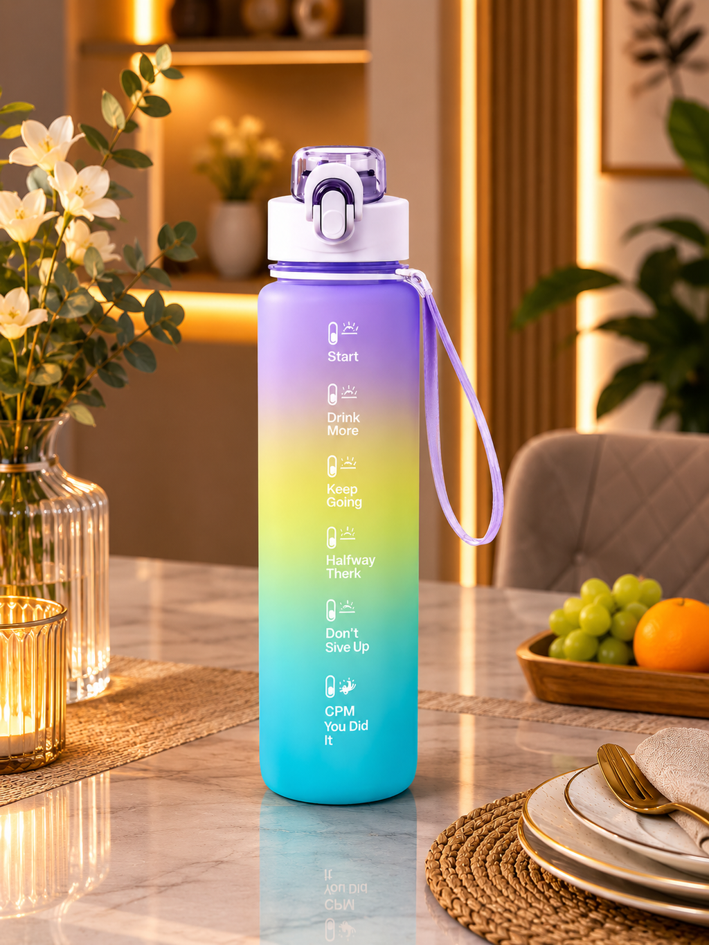 Motivational Gradient Water Bottle with Time Marker – 1L Leakproof Tritan Sports Bottle