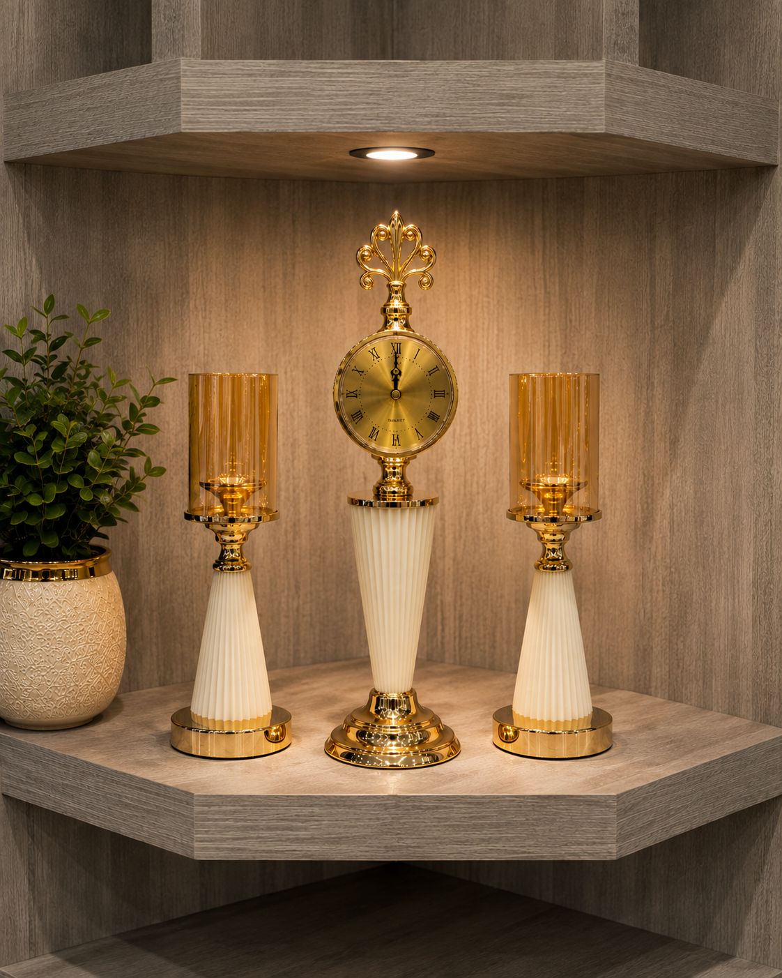 White & Gold — 3-Piece Luxury Clock & Candle Holder Set