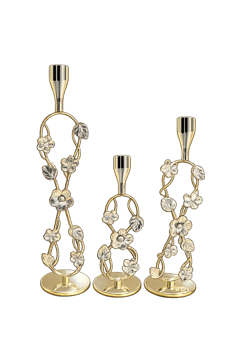 Elegant Gold Floral Metal Candle Holder Set (3 Pieces) – Decorative Taper Candle Stands for Home Décor