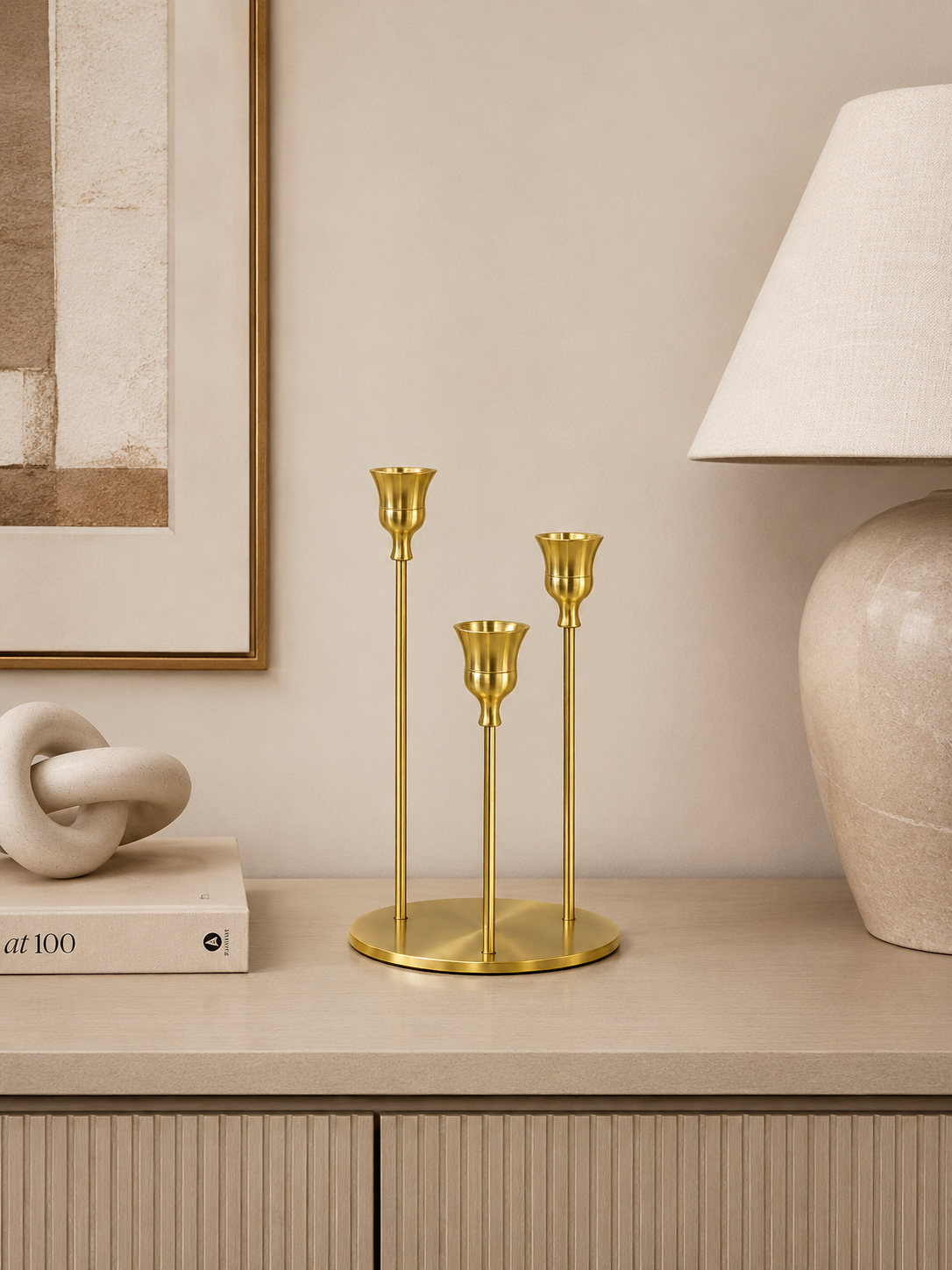 Luxury Gold Metal 3-Arm Taper Candle Holder – Modern Centerpiece for Dining Table & Home Décor