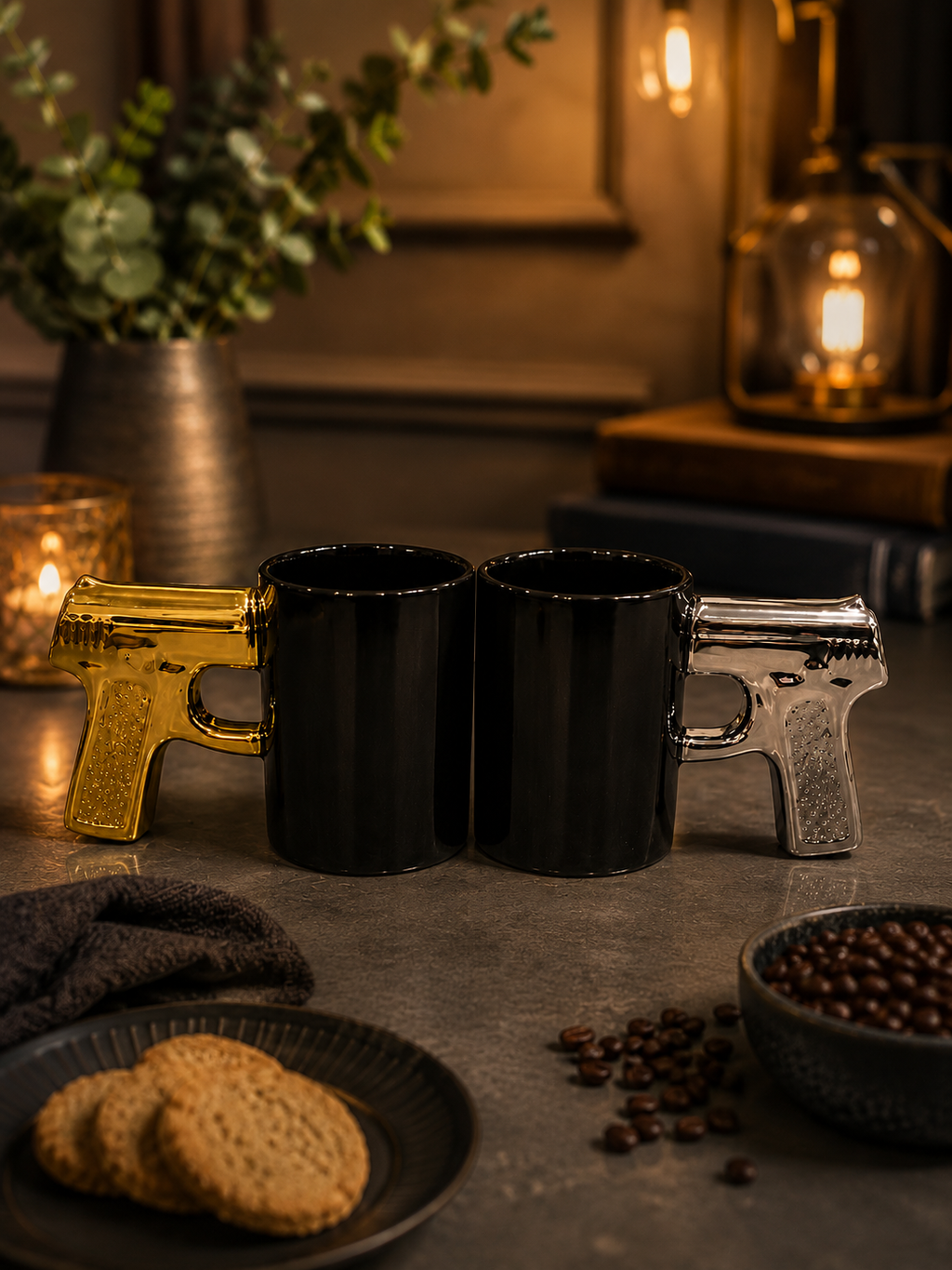 3D Metallic Handgun Handle Ceramic Coffee Mug – Sleek Black Tea Cup