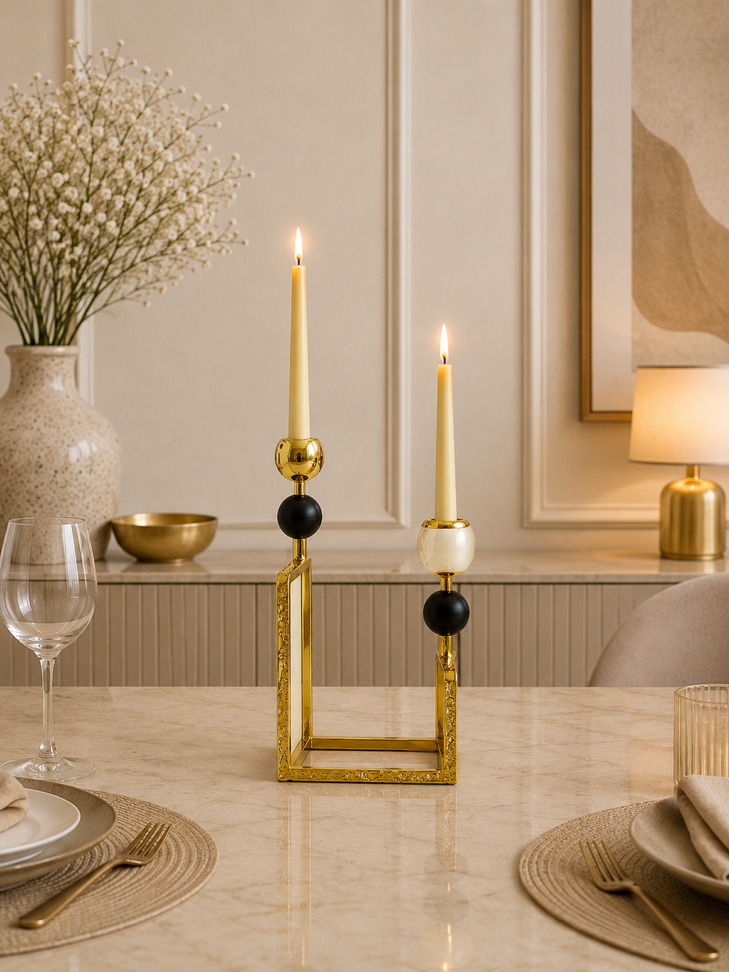 Luxury Gold Dual Taper Candle Holder – Modern Metal Decorative Candle Stand