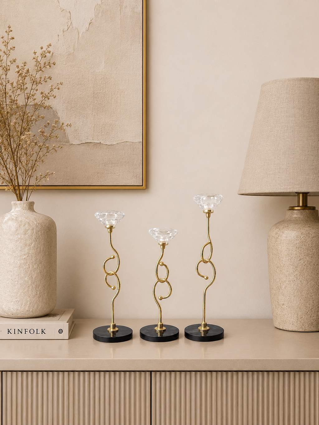Luxury Gold & Crystal Taper Candle Holder Set with Black Marble Base (Set of 3)