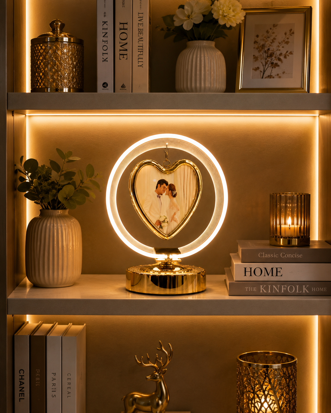 Luxury LED Heart Photo Frame Lamp – Romantic Rotating Picture Frame with Warm Light (Gold)