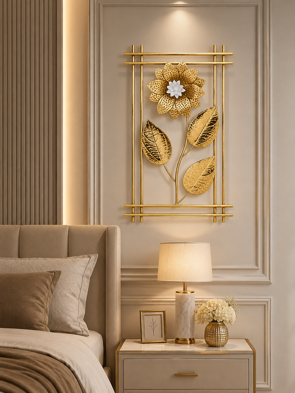 Gold Metal Floral Wall Art | Modern Flower & Leaf Wall Decor for Living Room, Bedroom & Hallway