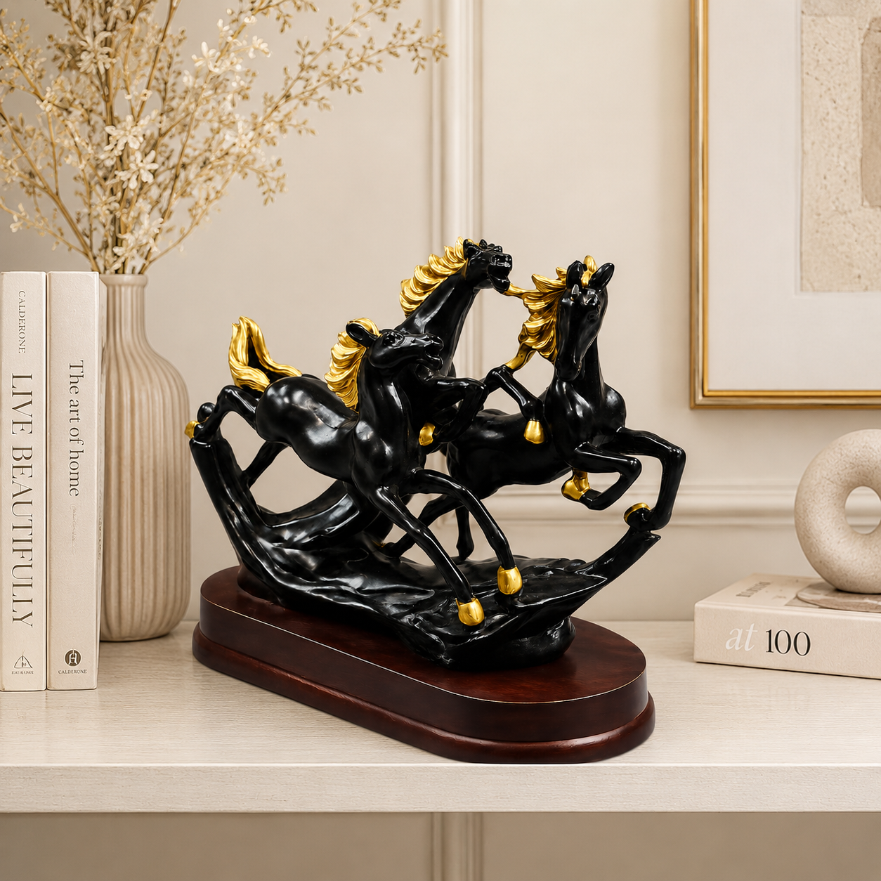 Fiber Horse "Majestic Horse" Three Running Horses Statue – Premium Black & Gold Resin Sculpture With Classic Wooden Base