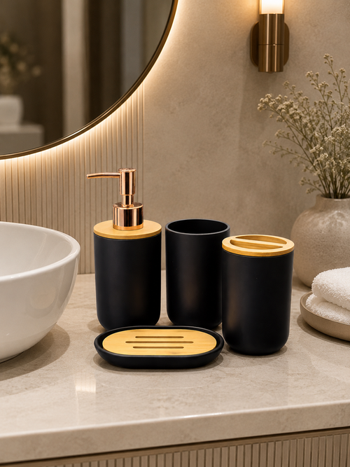 4-Piece Matte Black Bathroom Accessories Set with Gold Pump & Bamboo Lid – Soap Dispenser, Toothbrush Holder, Tumbler & Soap Dish