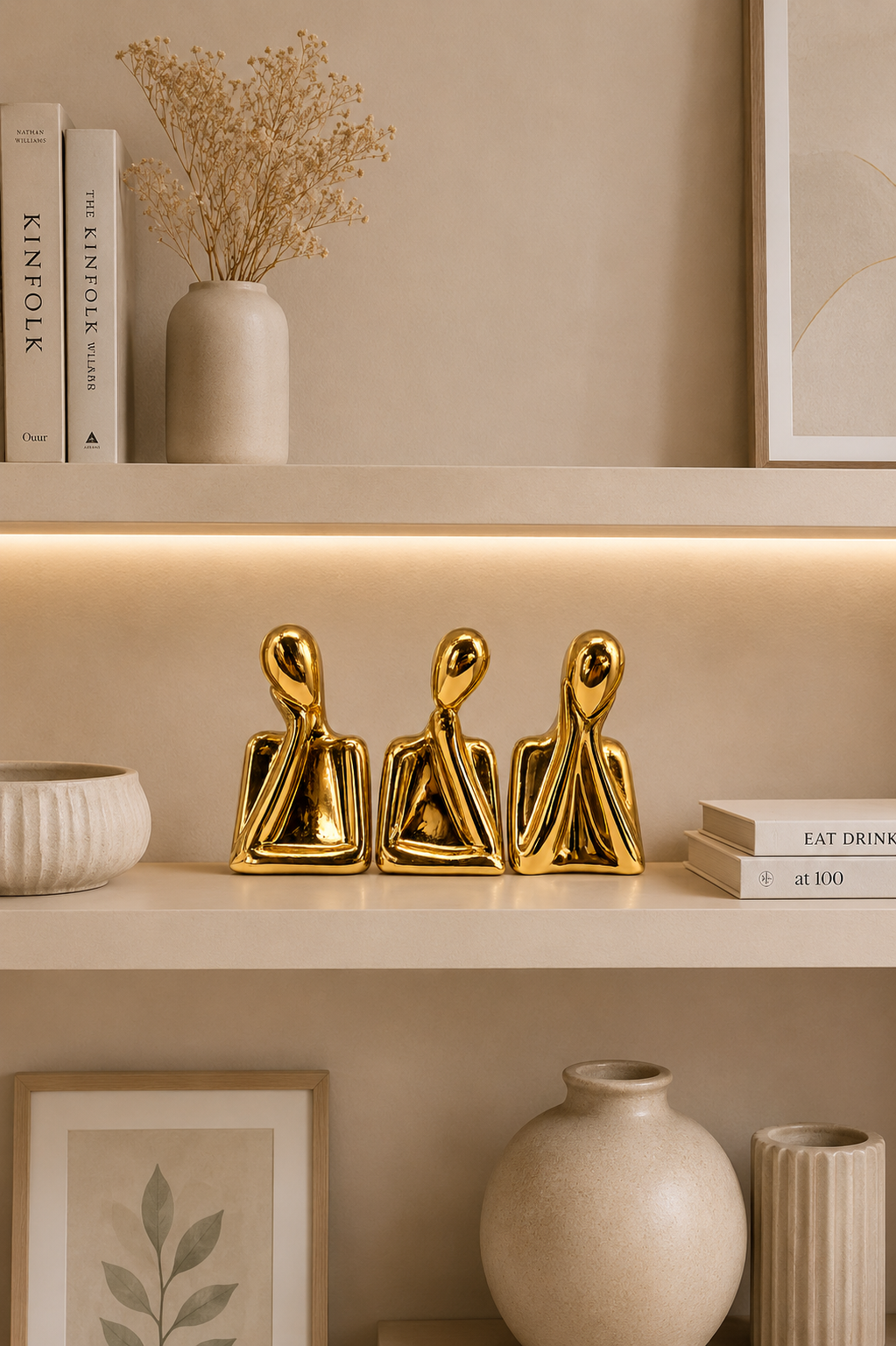 Abstract Thinker Figurine Set of 3 – Modern Gold Ceramic Sculptures | Luxury Home & Office Decor