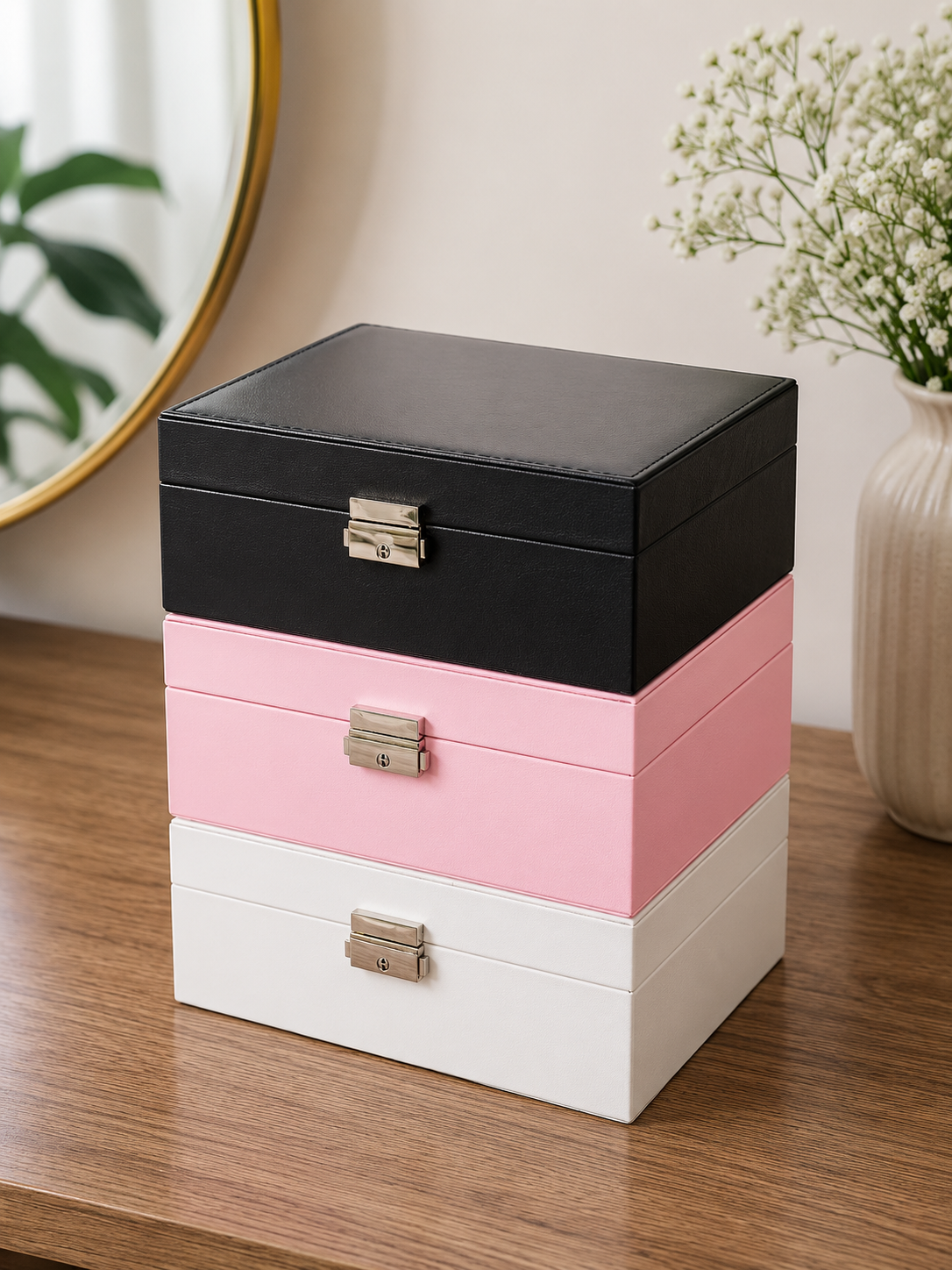Luxury Lockable Jewelry Storage Box | PU Leather Jewelry Organizer with Removable Tray & Key