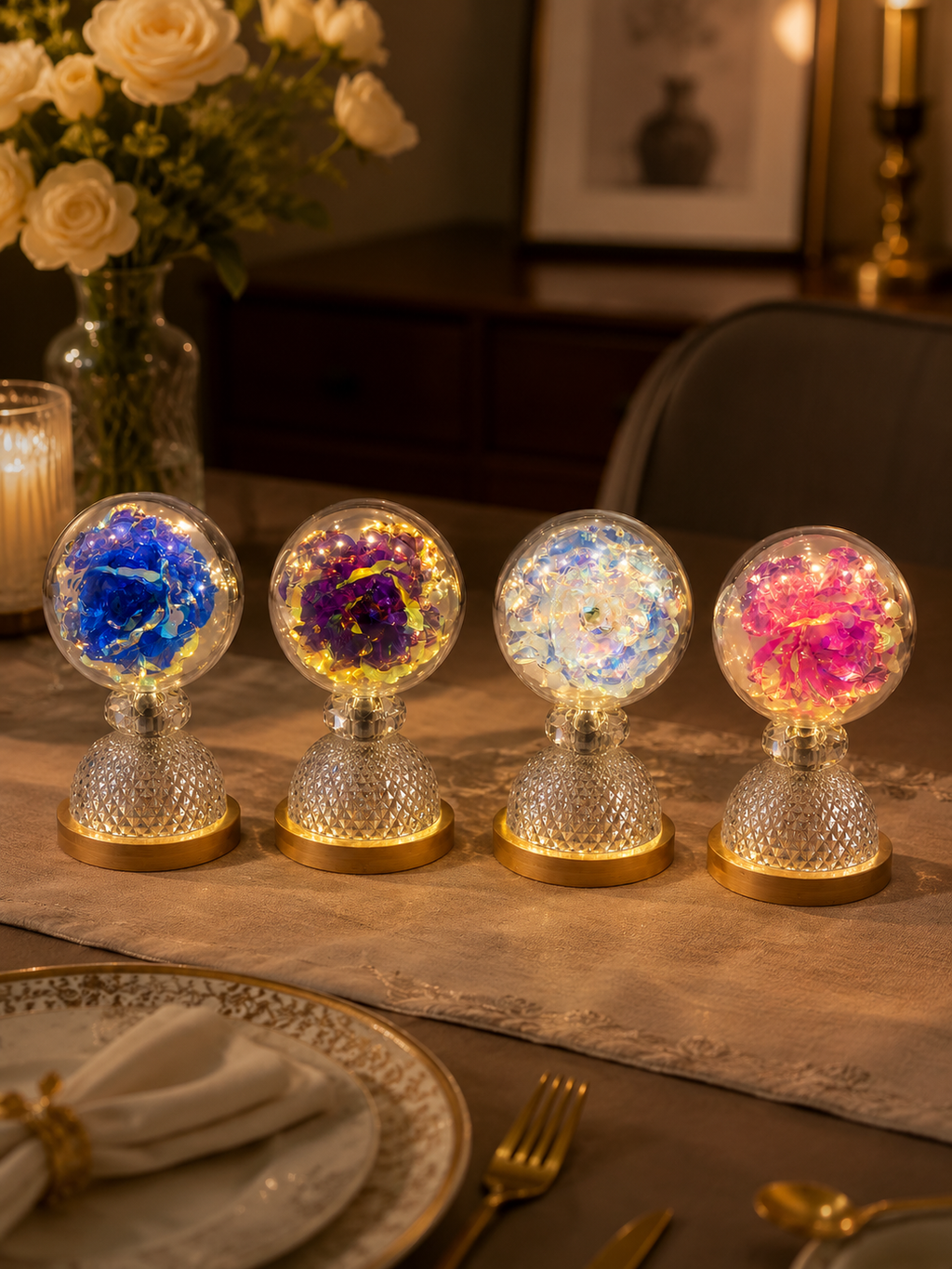 Enchanted Holographic Flower Acrylic Globe Lamp – Luxury Diamond Base LED Night Light