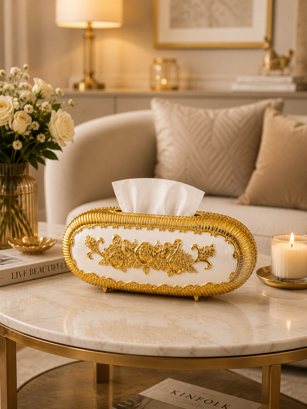 Luxury Oval Metal Tissue Box Holder | European Floral Decorative Tissue Case