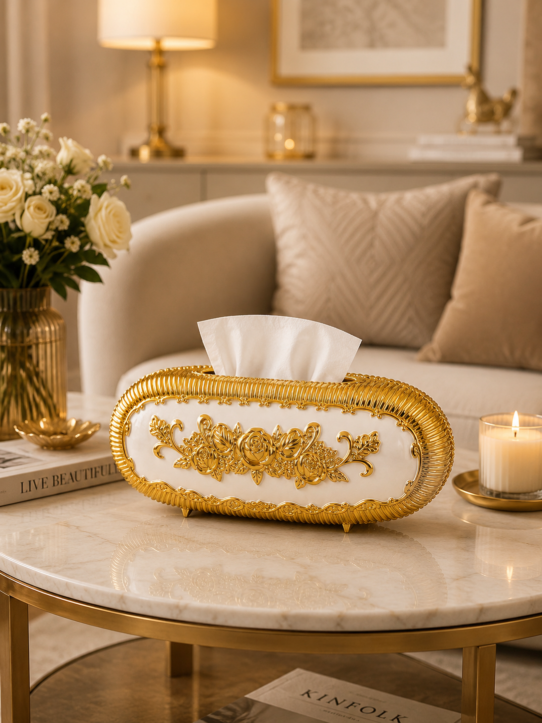 Luxury Oval Metal Tissue Box Holder | European Floral Decorative Tissue Case