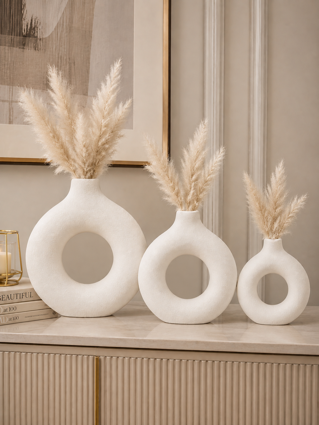 Luxury 3-Piece Donut Ceramic Vase Set | Modern Hollow Decorative Flower Vases | Minimalist Home Décor
