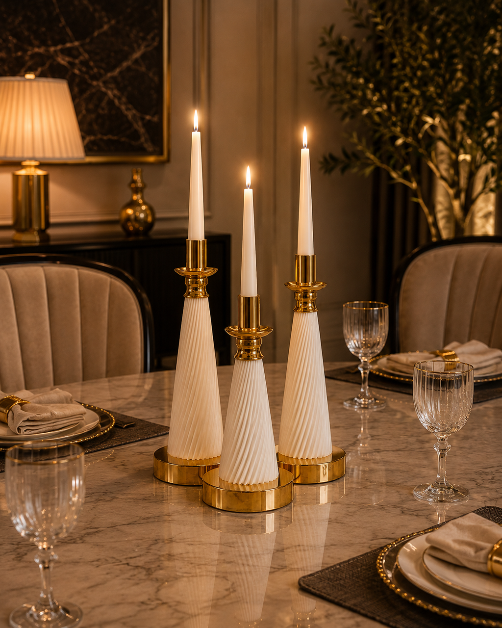 Luxury 3-Piece White & Gold Ribbed Candle Holder Set | Modern Decorative Taper Candle Stands | Resin Candlestick Set