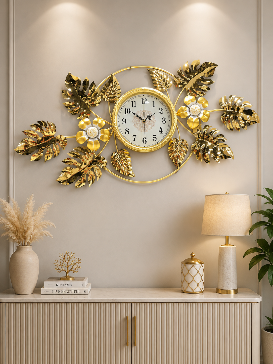 Luxury Golden Monstera Leaf Floral Wall Clock – Elegant Decorative Metal Art Clock