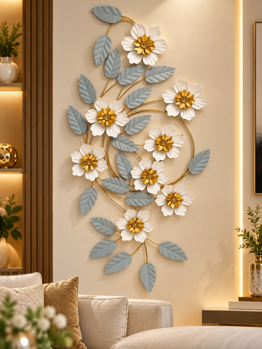 Elegant White & Gold Floral Wall Art with Grey Leaves – Modern Luxury Metal Décor