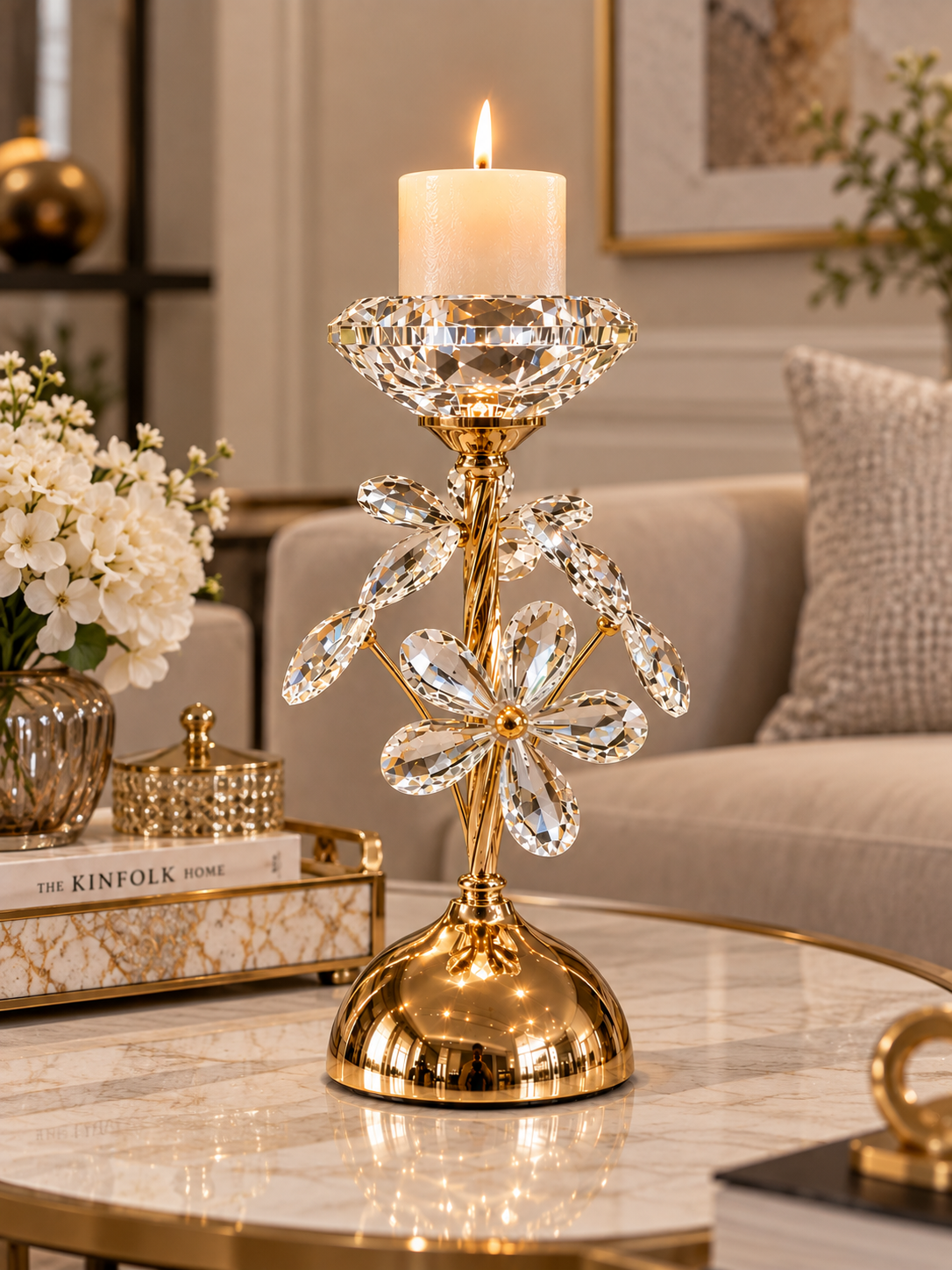 Luxury Crystal Floral Candle Stand – Gold Decorative Candle Holder