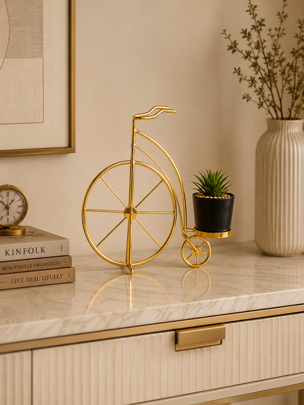 Luxury Gold Bicycle Metal Plant Holder with Pot | Modern Decorative Tabletop Planter