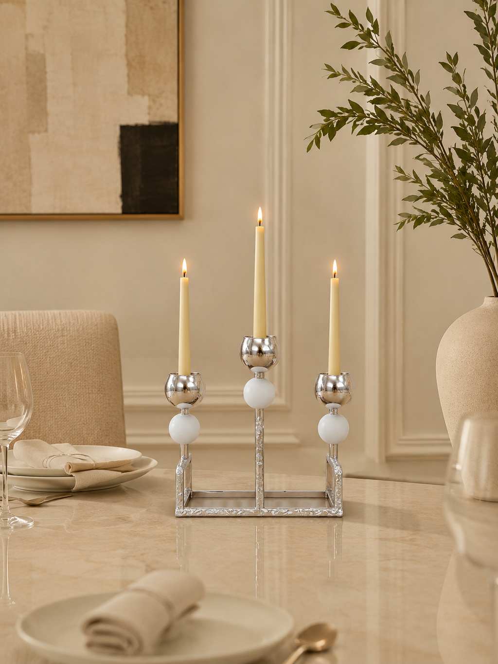 Luxury 3-Arm Silver Candle Holder | Modern Decorative Taper Candle Stand
