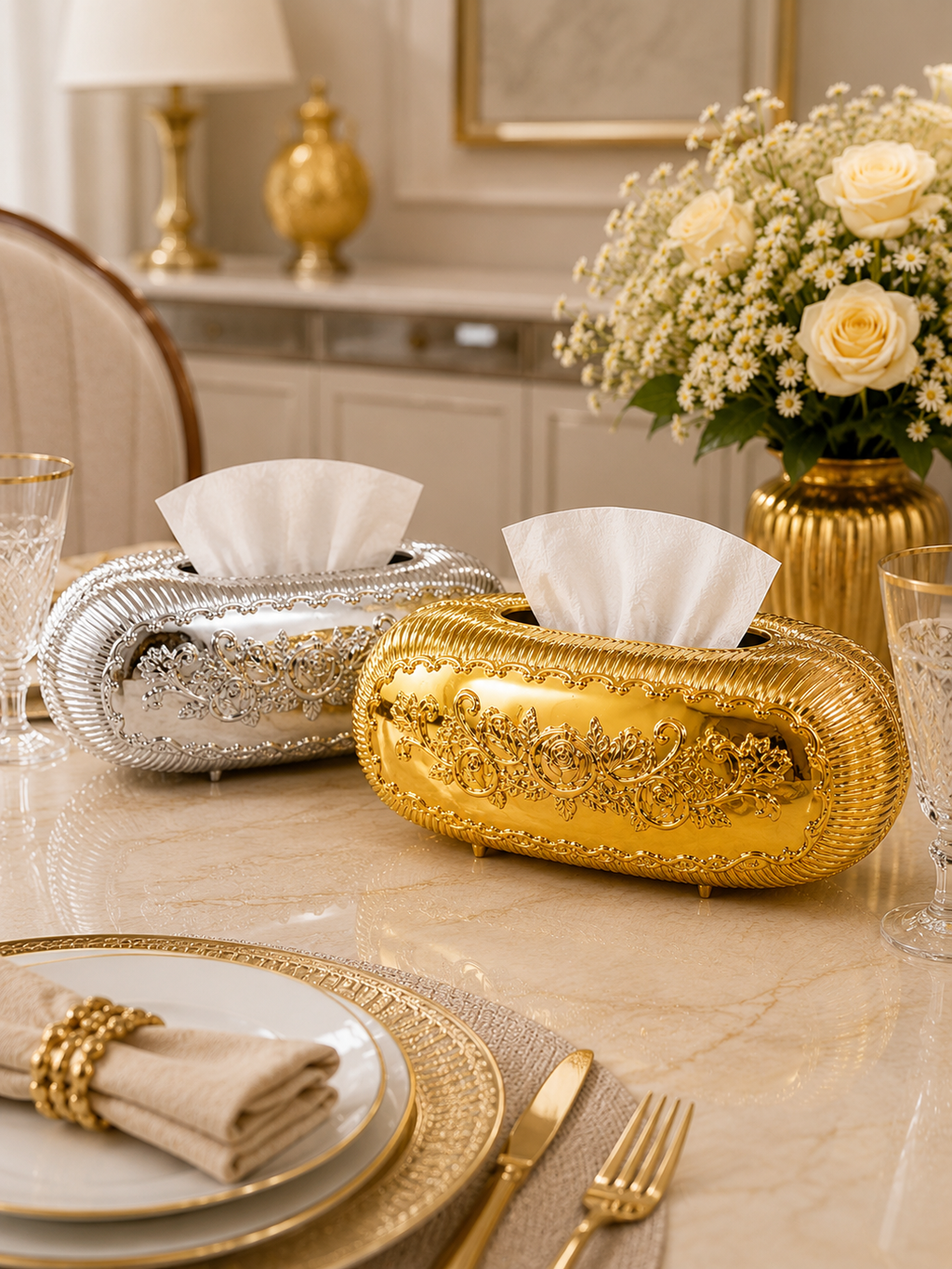 Luxury Oval Metal Tissue Box Holder | European Floral Decorative Tissue Case.