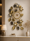 Luxury Golden & Black Floral Leaf Wall Clock – Decorative Metal Art Clock