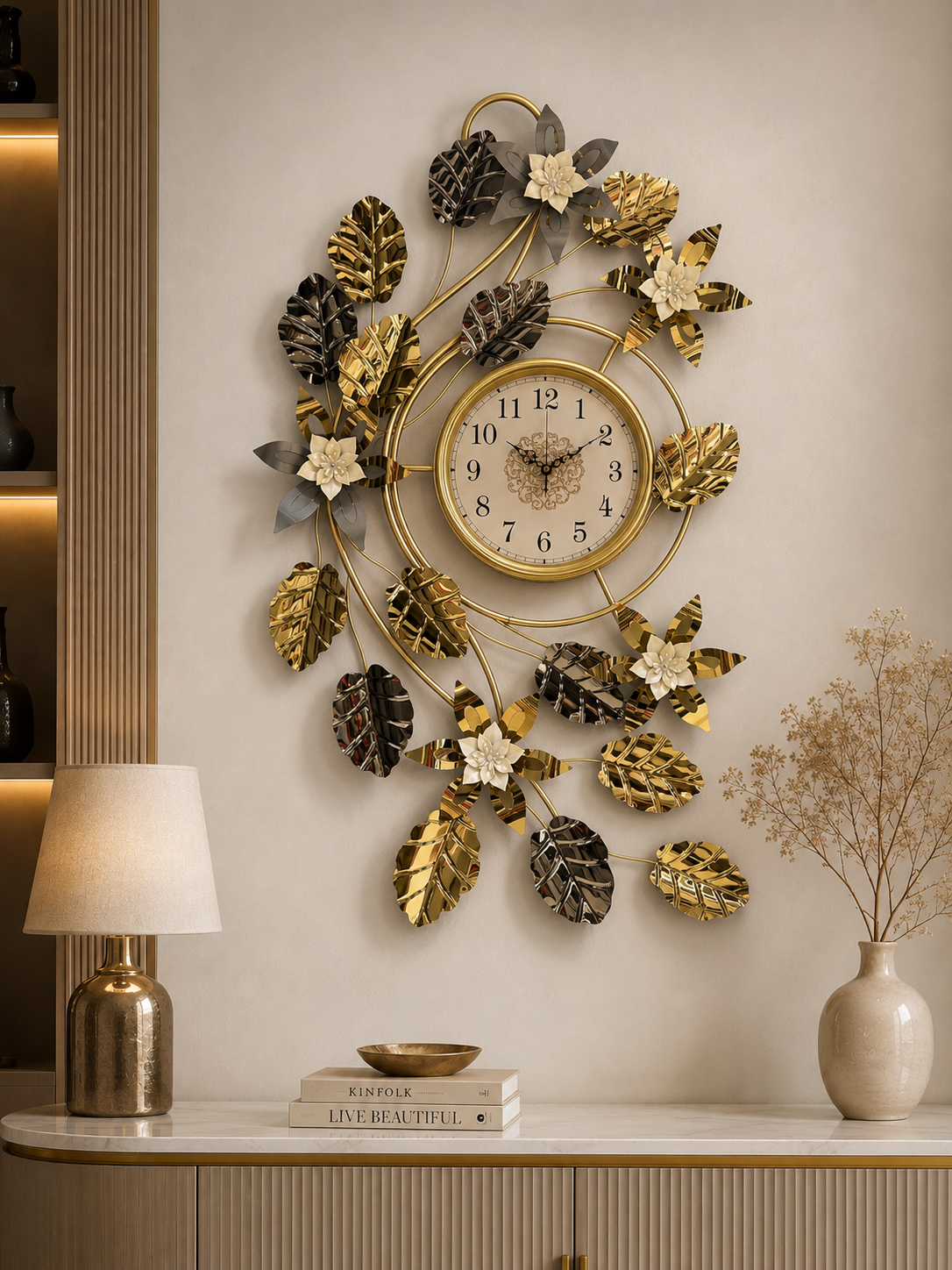 Luxury Golden & Black Floral Leaf Wall Clock – Decorative Metal Art Clock