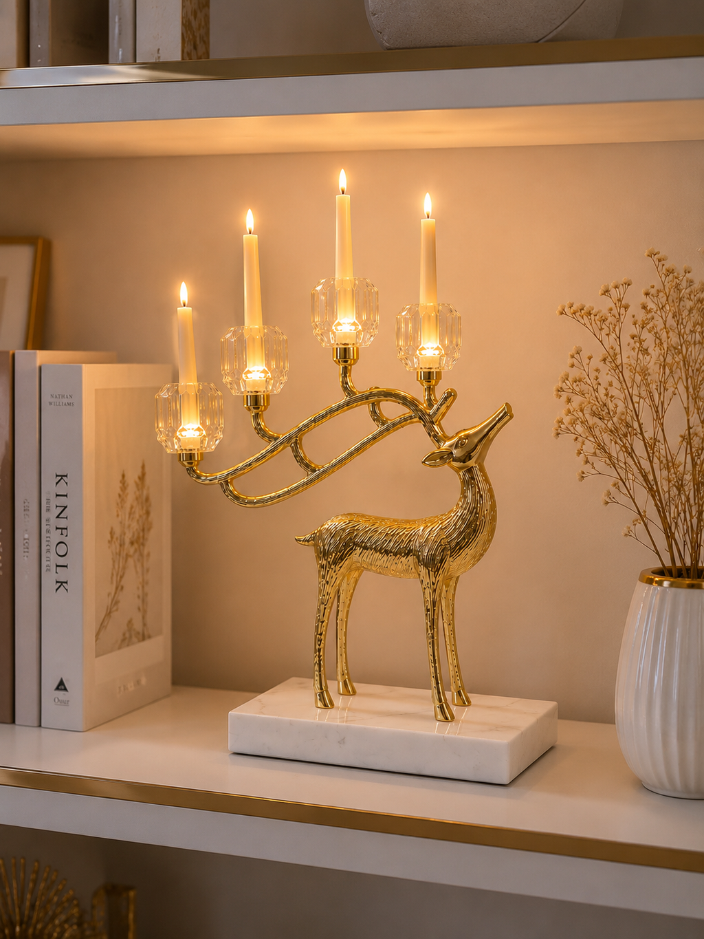 Luxury Golden Deer Crystal Candle Holder – 5-Light Decorative Candelabra Showpiece with Crystal Base