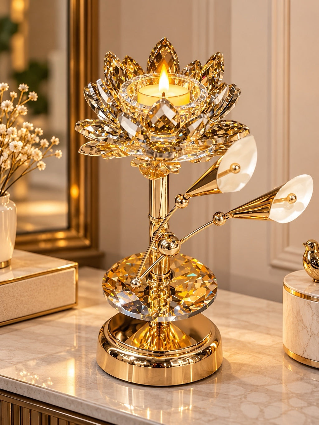 Luxury Crystal Lotus Candle Holder with Decorative Gold Floral Branch Design
