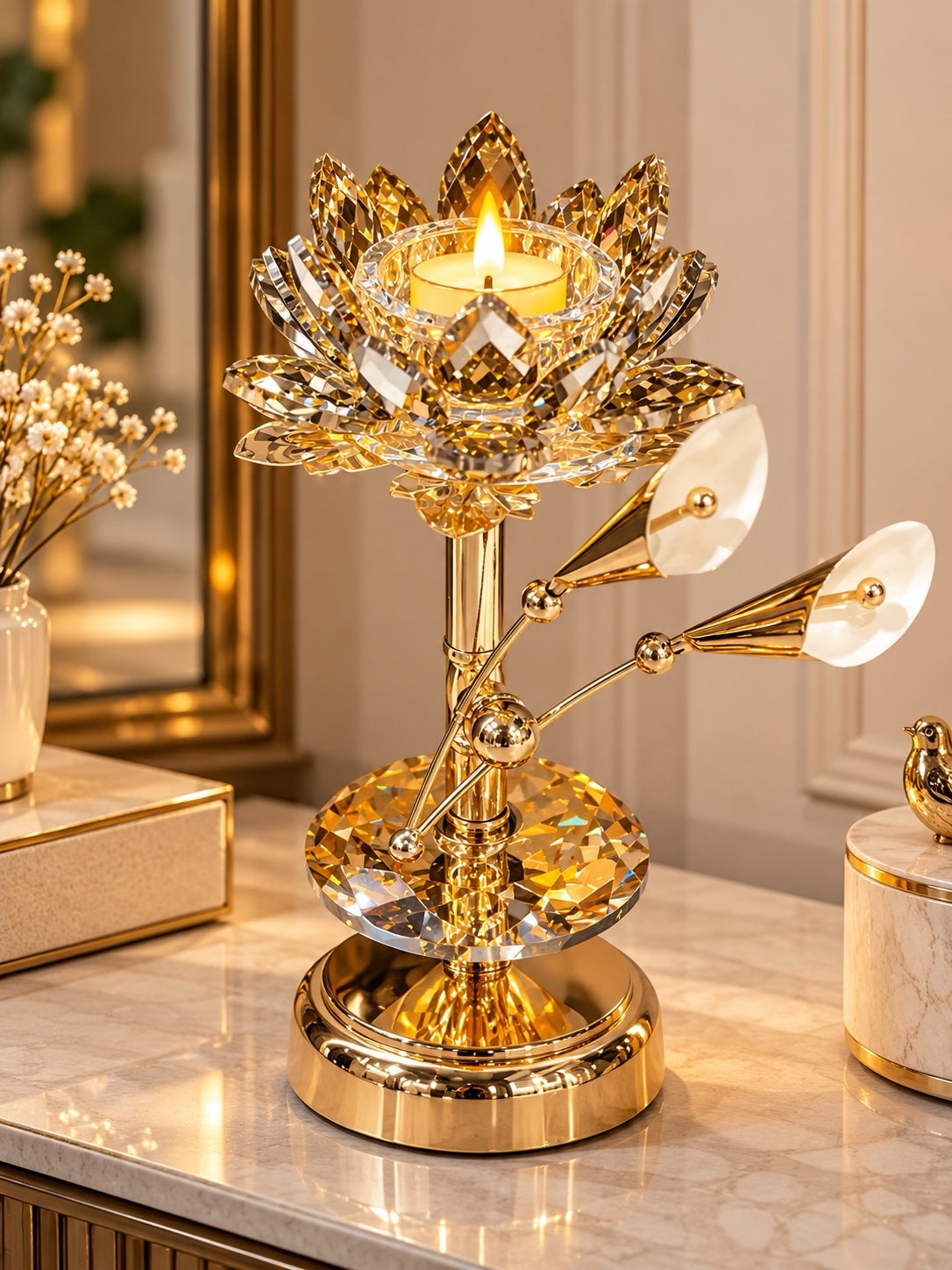 Luxury Crystal Lotus Candle Holder with Decorative Gold Floral Branch Design