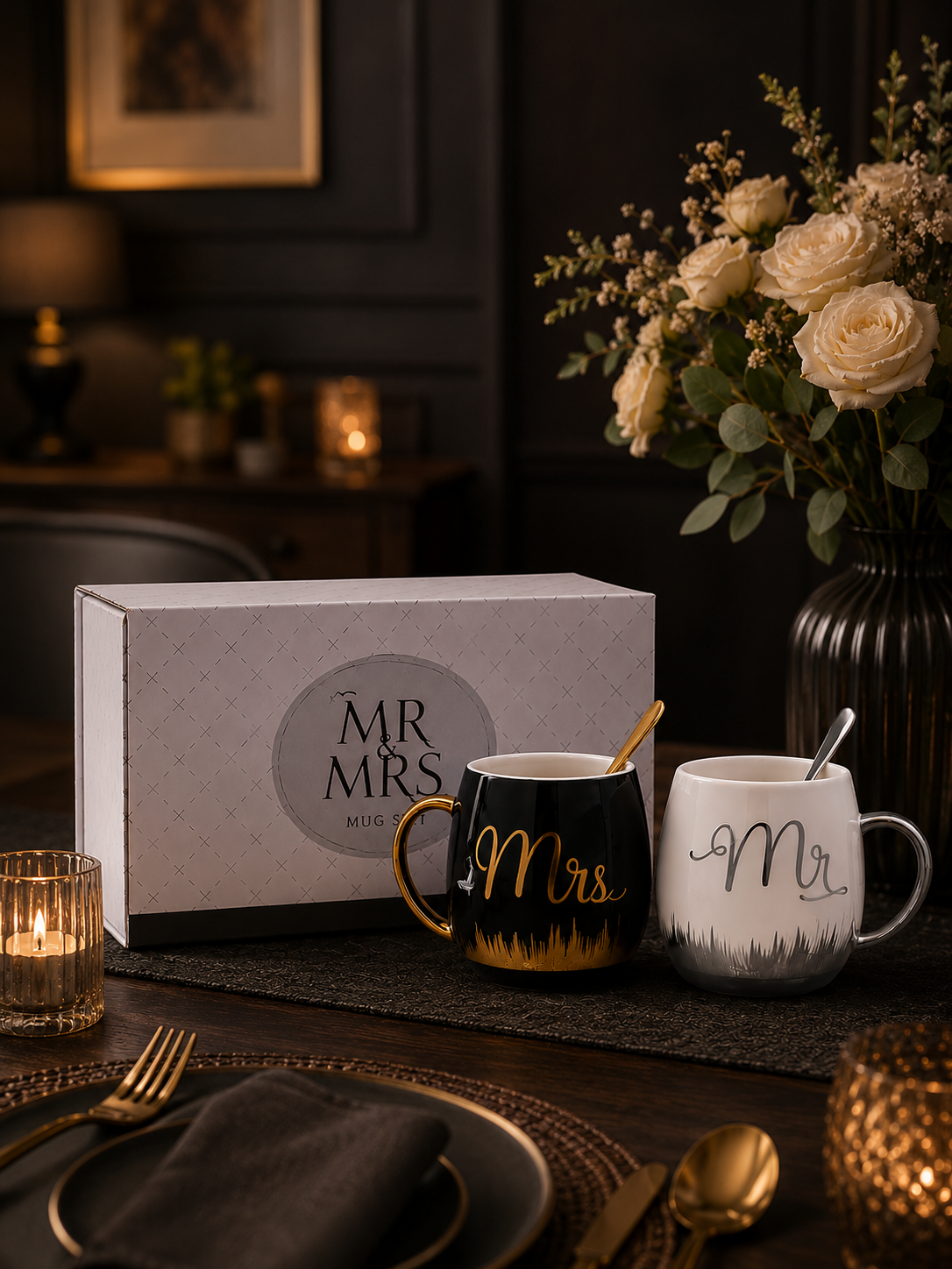 Luxury Mr. & Mrs. Ceramic Couple Mug Gift Set – Gold & Silver Accent Coffee Cups with Box