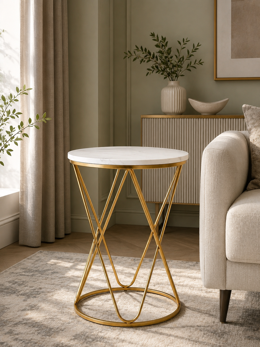 Modern Round Wooden Top Side Table | Gold Metal Frame Accent Table | Luxury End Table