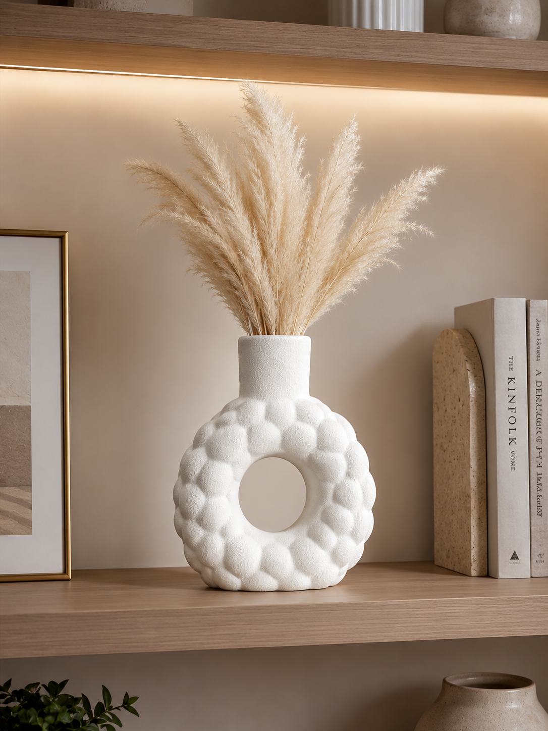 Modern White Textured Ceramic-Style Vase with Round Cut-Out Design