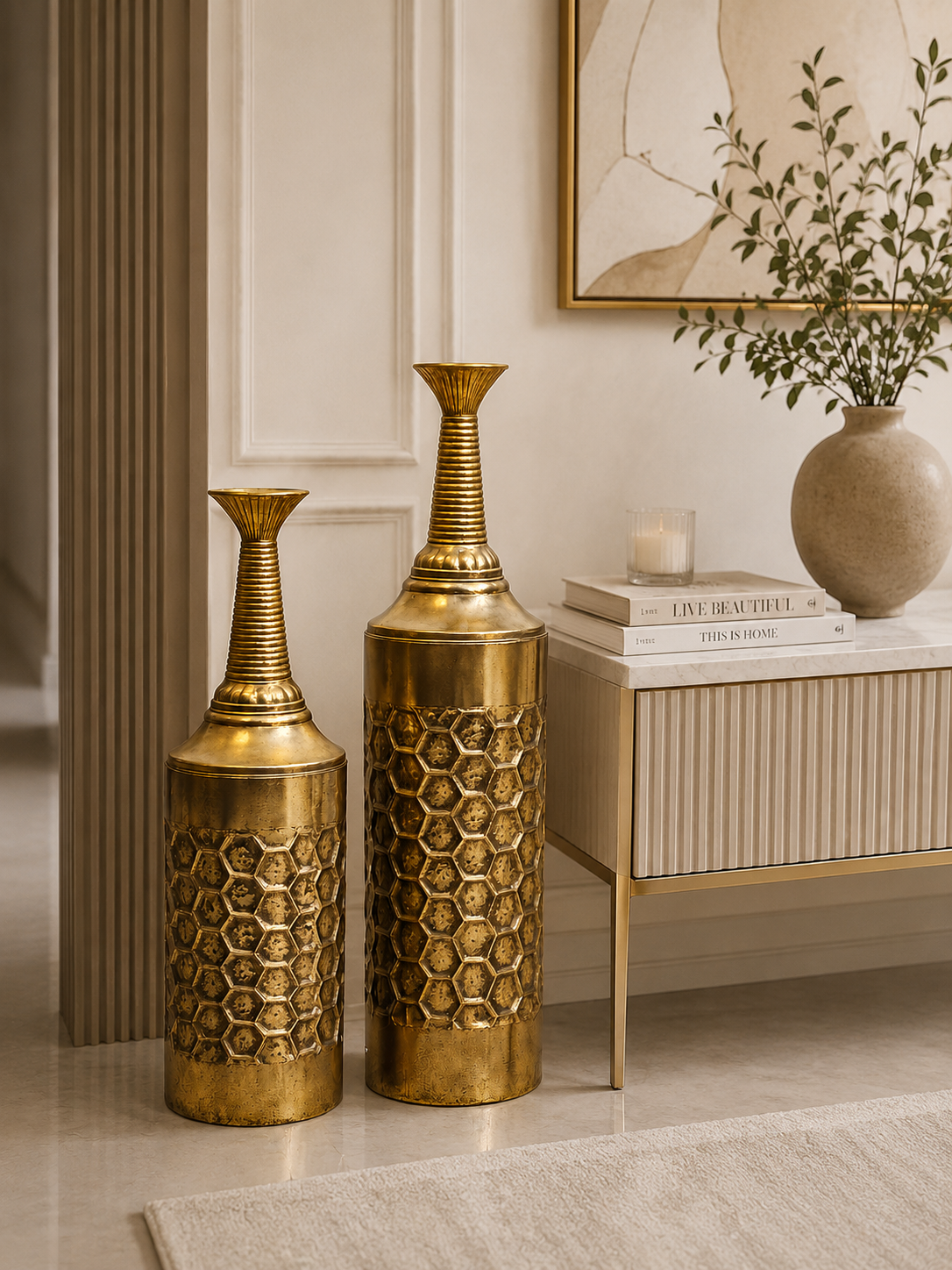 Luxury Honeycomb Metal Floor Vase – Antique Gold Decorative Vase