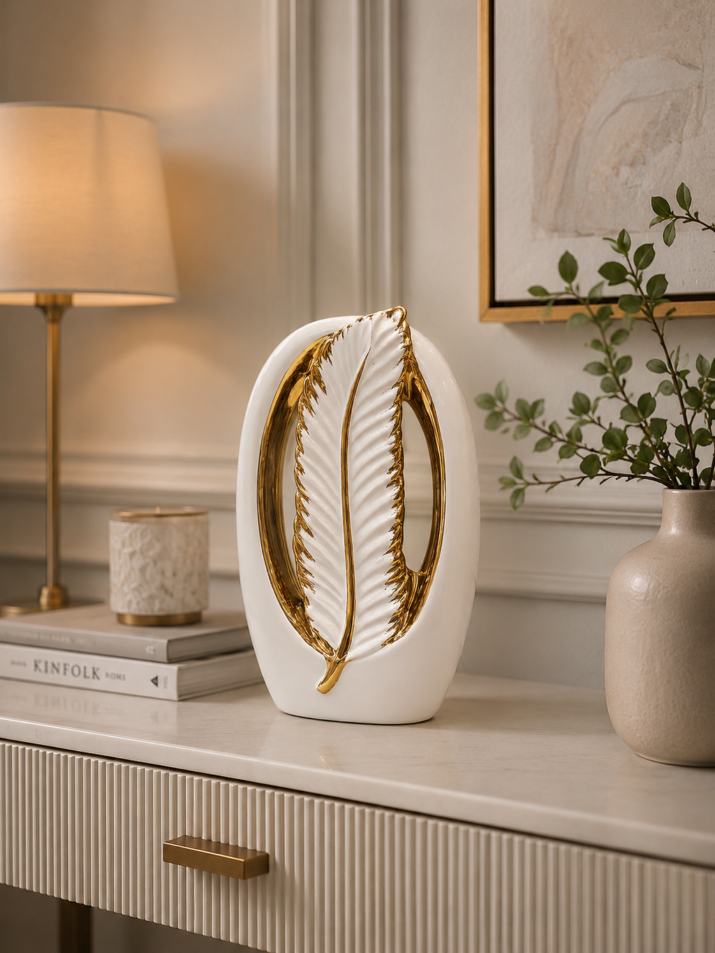 Luxury White & Gold Ceramic Leaf Sculpture – Modern Decorative Table Accent
