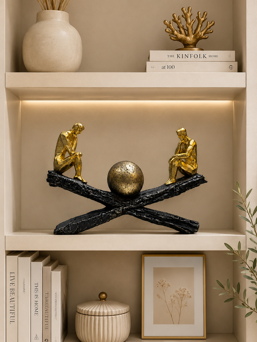 Abstract Thinker Couple Sculpture with Golden Sphere | Modern Resin Home Decor Statue